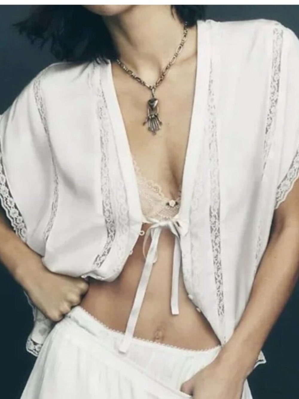 Free People Marigold Shine Lace Ivory Tie Front Blouse